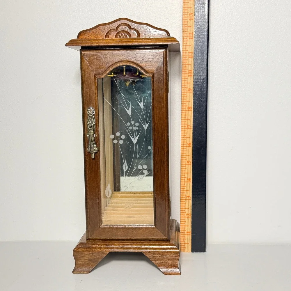Vintage Wood Jewelry Cabinet Necklace Carousel Etched Glass Mirrored Ring Holder